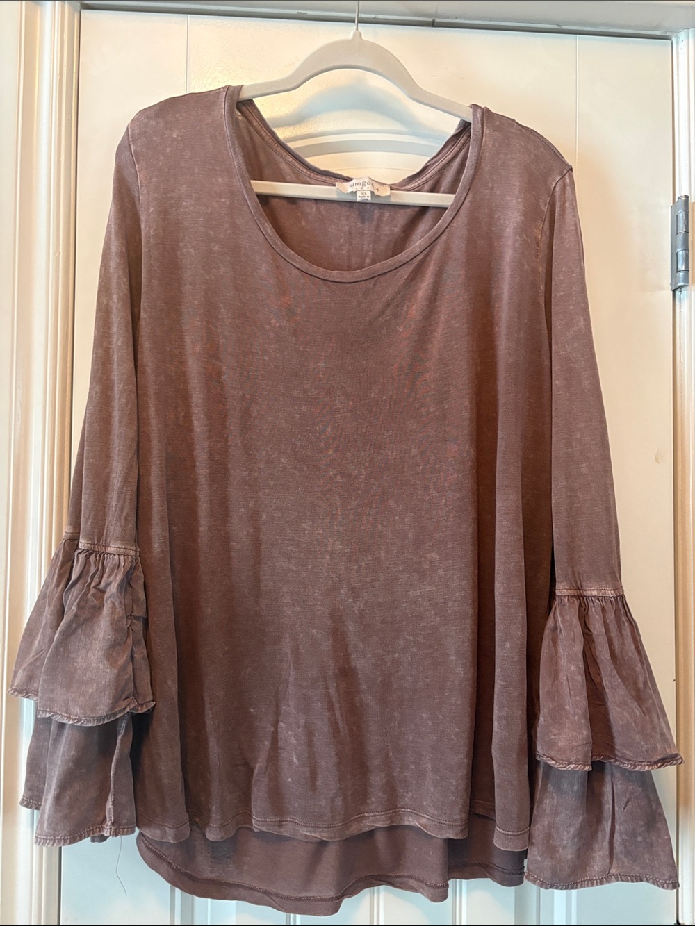 Umgee Milk Chocolate Long Sleeve Scoop Neck Top with Layered Bell Sleeves
